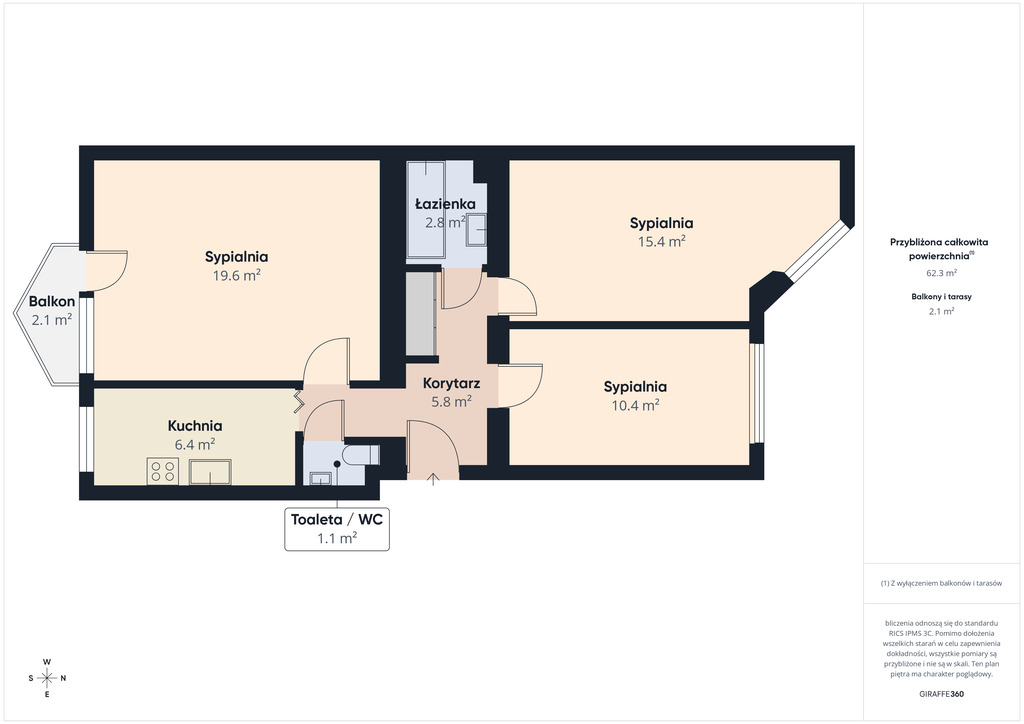 3-pokojowe | 61,15 m² | 1 piętro | Balkon