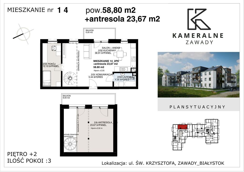 Kameralne Zawady - 58,80m2 + antresola 23,67m2