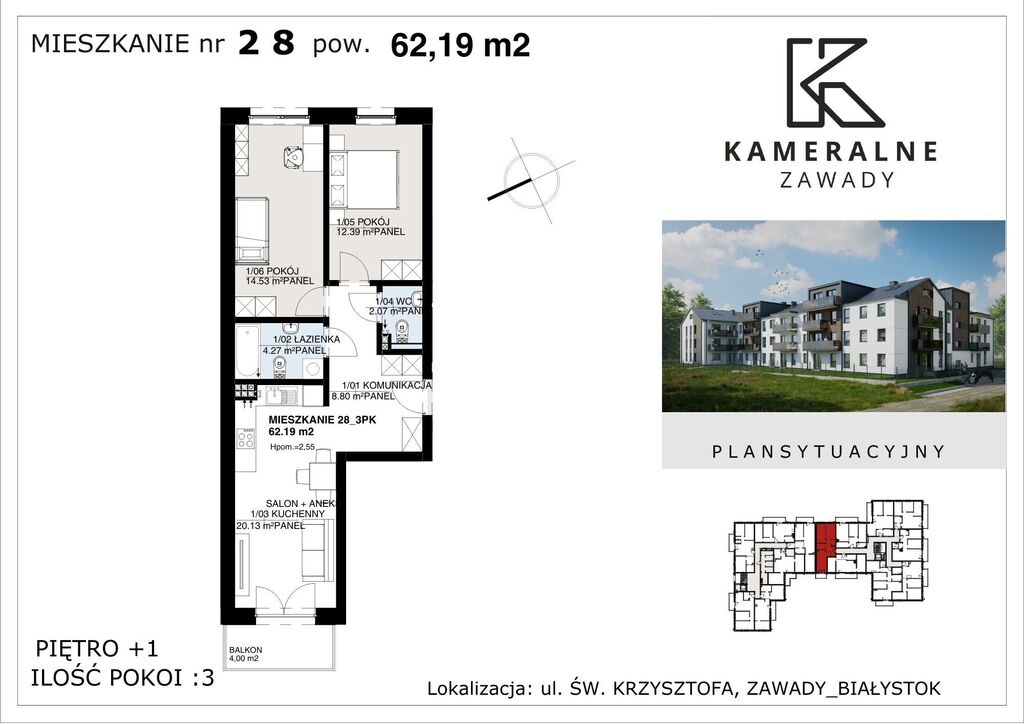 Kameralne Zawady - 62,19m2 , I Piętro