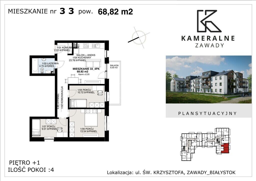 Kameralne Zawady - 68,82m2 na I Piętrze