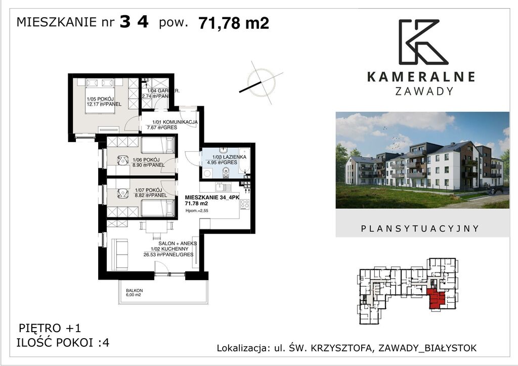 Kameralne Zawady - 71,78m2 , I Piętro