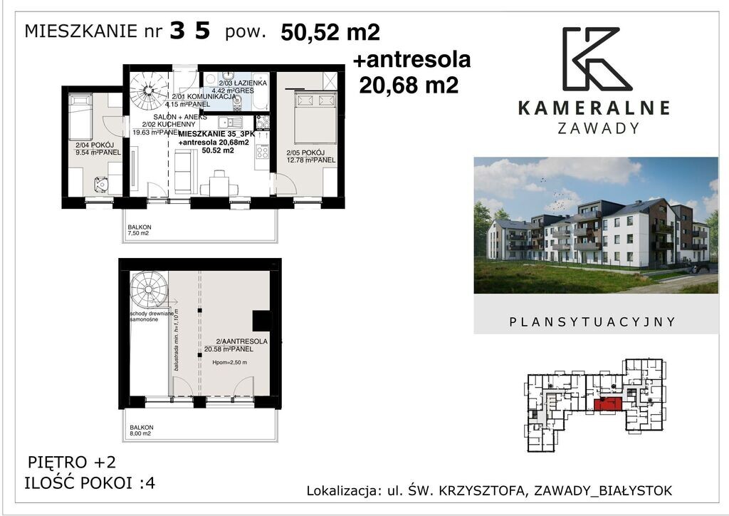 Kameralne Zawady - 50,52m2 + antresola 20,68m2