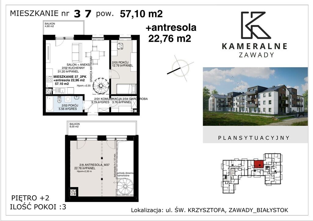 Kameralne Zawady - 57,10m2 + antresola 22,76m2