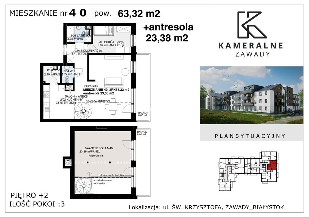Kameralne Zawady - 63,32m2 + antresola 23,38m2