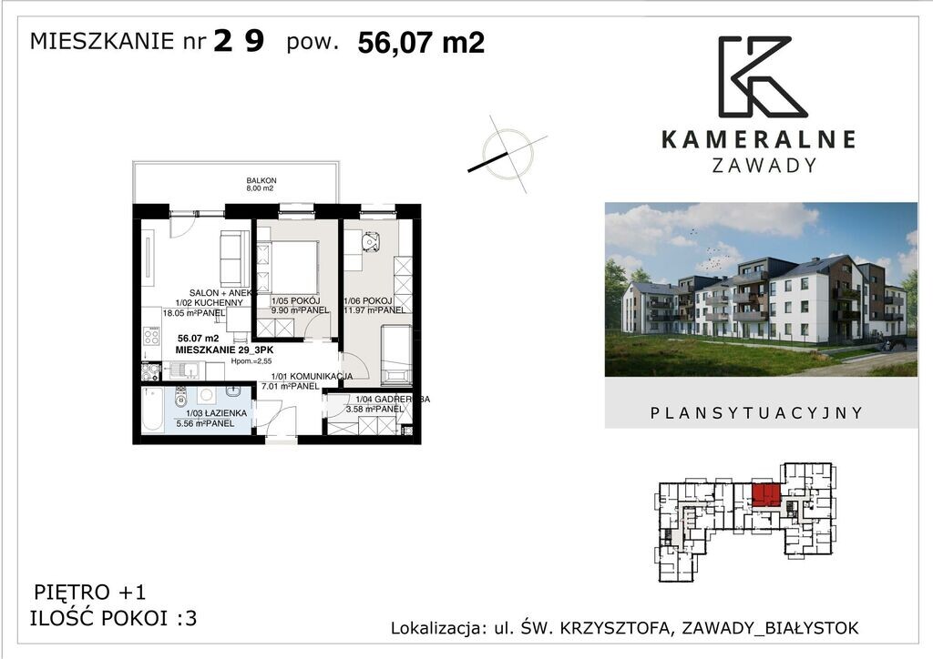 Kameralne Zawady - 56,07m2 na I Piętrze