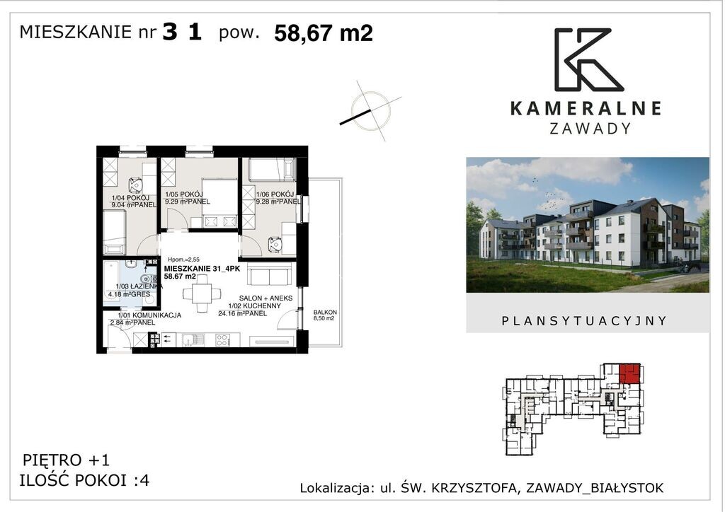 Kameralne Zawady - 58,67m2 na I Piętrze